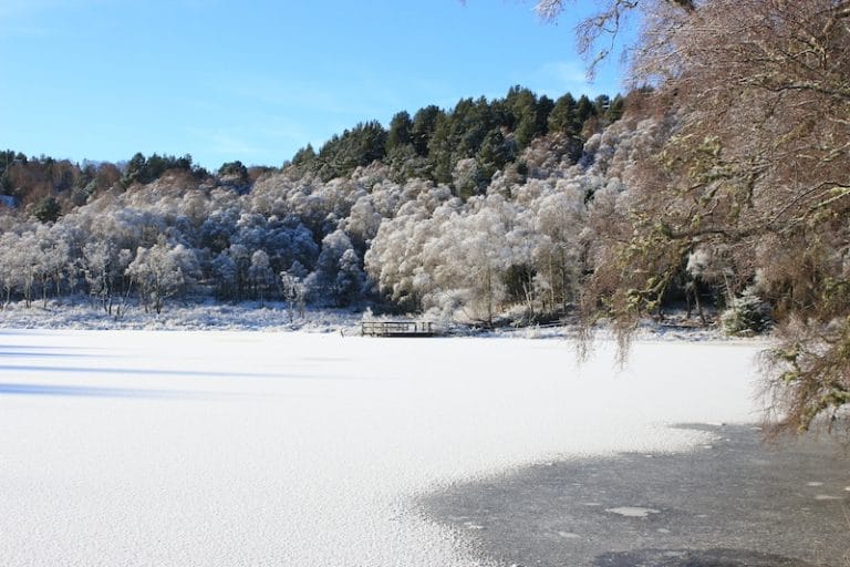 The loch and beaver lodge covered in snow